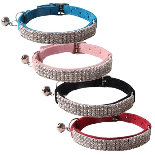LejeMaek 4Pcs Rhinestone Cat Collar, Soft Velvet Adjustable Cat Collar with Bells, 4 Colors Lightweight Comfortablle Stylish Cat Breakaway Collar for Kitten Puppy Cat Breakaway Collar von LejeMaek