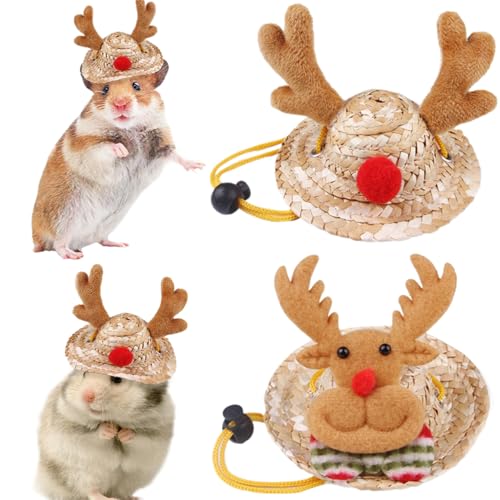LejeMaek Hamster Hut 2pcs Geweih & Hirsch Weihnachtshamsterhüte Verstellbare Kleidung für echt mit Gurt -Strohhalm für süße Look, Fotos (groß) Hut von LejeMaek