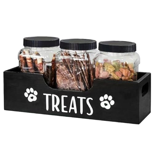 LejeMaek Hundefutterspeicherbehälter, 3PCS Plastikhund-Behandlungsglas mit Holzhalter & Griff, rutschfeste tragbare Katzenfutterspeicherung für Snacks, Jerky, Kekse und mehr Behälter von LejeMaek