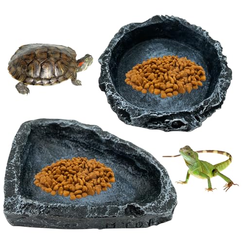 LejeMaek Reptilien-Fütterungsgericht 2pcs Steinartig 2 Form Harz Reptile Wasserschale bruchresistente dekorative Reptilienschale für Echsenfrog Gecko Tortoise Reptile Fütterungsschale von LejeMaek