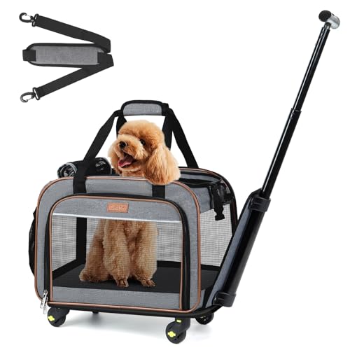 Lekebobor Hundetragetasche mit Rädern, rollbar, für Fluggesellschaften zugelassen, mit Rädern und Teleskopgriff, Grau von Lekebobor