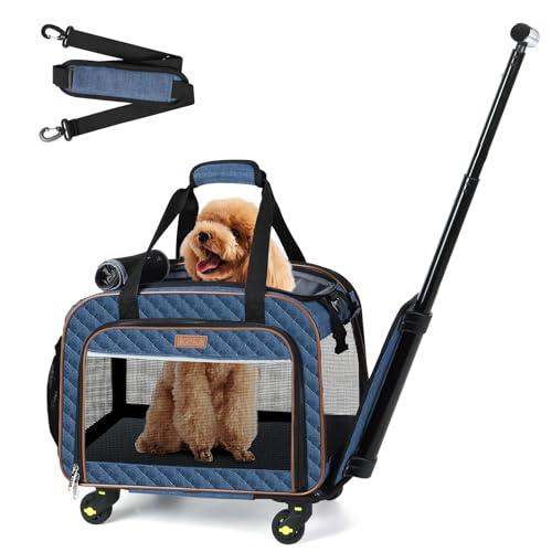 Lekebobor Hundetragetasche mit Rädern, rollbar, für Fluggesellschaften zugelassen, mit Rädern und Teleskopgriff, Marineblau von Lekebobor