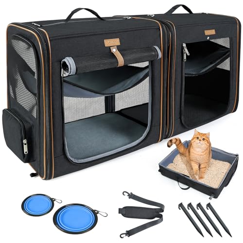 Lekeinchi 2-in-1 Hundebox Transportbox Katze für Mittelgroßes Haustier, Faltbare Katzentransportbox Mit Starker Faserrahmen, Katzentoilette, 2 Schalen, 2 Haustiermatte, Medium, Schwarz von Lekeinchi