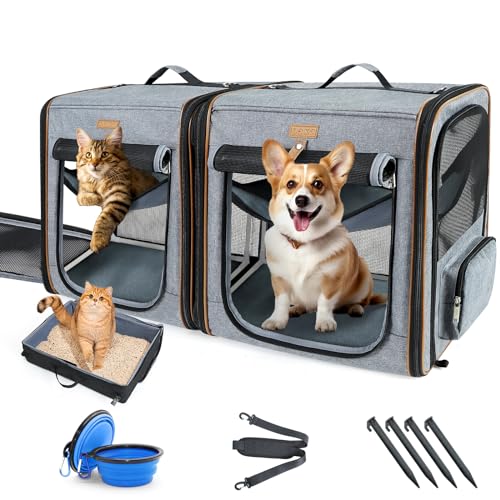 Lekeinchi 2-in-1 Hundebox Transportbox Katze für Mittelgroßes Haustier, Faltbare Katzentransportbox mit Starker Faserrahmen, Katzentoilette, 2 Schalen, 2 Haustiermatte, Groß, Grau（XL） von Lekeinchi