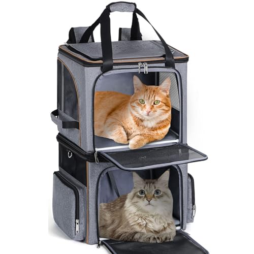 Lekereise Katzentragetasche Rucksack für 2 Katzen Doppelt Abnehmbare 2 in 1 Katzentrage mit stabilem Rahmen, Doppel Katzentrage für 2 Katzen Rucksack, Grau von Lekereise