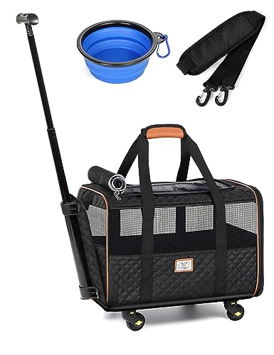 Lekereise Haustier-Transportbox mit Rädern, rollende Hundetragetasche für kleine Hunde oder 2 kleine Katzen, von Fluggesellschaften zugelassene Hundetragetasche, gesteppt schwarz von Lekereise