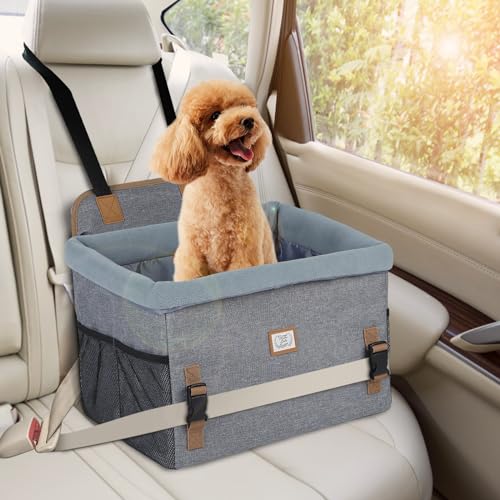Lekereise Hundeautositz für kleine Hunde unter 11,3 kg, Welpenhunde-Sitzerhöhung für Autos mit Clip-On-Leine und Aufbewahrungstaschen, Grau von Lekereise