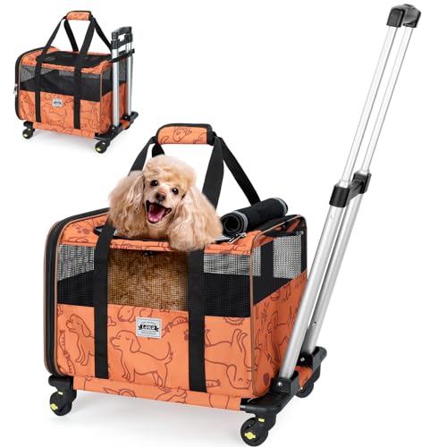 Lekereise Katzentrage mit Rollen für kleine Haustiere, Fluggesellschaft zugelassene Hundetrage mit Rädern, rollende Hundetragetasche, Orange von Lekereise