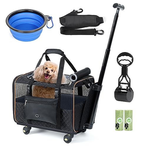 Lekereise Hundetragetasche mit Rädern, von Fluggesellschaften zugelassen, rollende Haustier-Transporttasche für kleine Hunde und Katzen, Katzentrage auf Rädern, mit Aufbewahrungstasche und von Lekereise
