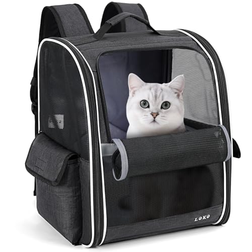 Lekereise Katzen-Rucksack, Haustier-Tragetasche für kleine Hunde, mittelgroße Katzen, passend für bis zu 8,2 kg, faltbarer Rucksack für Reisen, Wandern, Schwarz von Lekereise