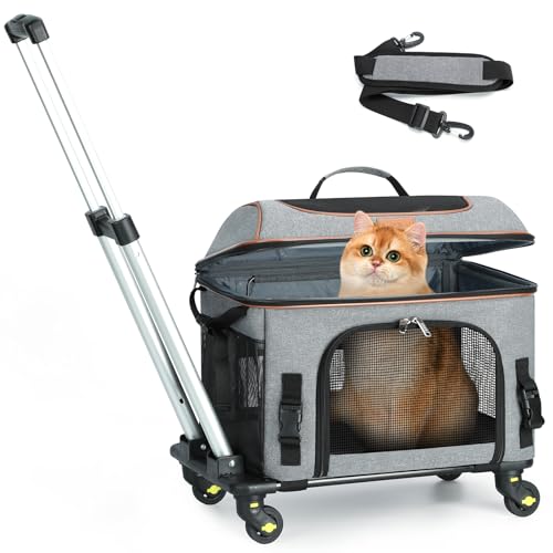 Lekereise Top-Erweiterbare Haustier-Transportbox mit Rollen, von Fluggesellschaften zugelassene Katzentrage für kleine Hunde und Katzen, Grau von Lekereise