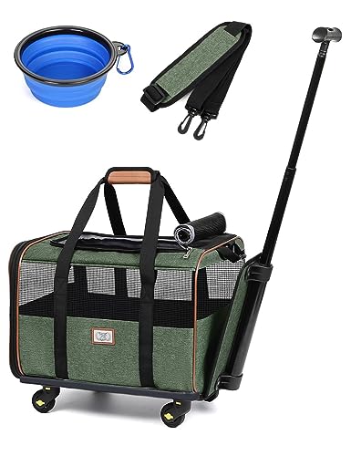 Lekereise Transporttasche für Haustiere auf Rädern mit 1 Napf, von Fluggesellschaften zugelassene Hundetrage mit Rädern, Katzentrage für kleine Hunde oder 2 Kätzchen, Grün von Lekereise