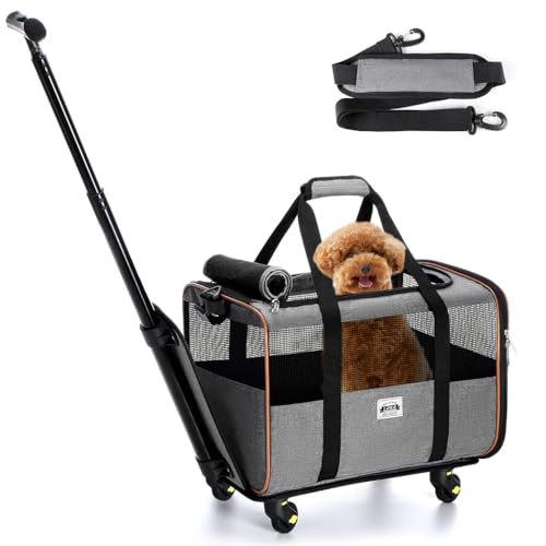 Lekereise Transporttasche für Katzen und Hunde, mit Rollen, für Fluggesellschaften zugelassen, mit Teleskopgriff und Schultergurten, Grau von Lekereise