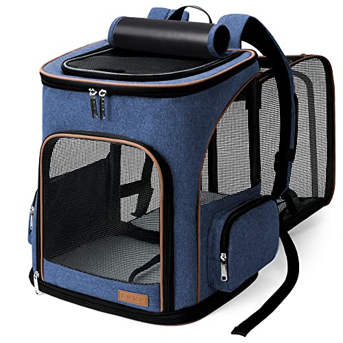 Lekesky Groß Katzenrucksack Hunderucksack für Katzen und Hunde bis 8-10kg, Erweiterbar Faltbare Haustier Rucksack mit Innerer Sicherheitsleine und 2 Haustiermatte, Blau, XL von Lekesky