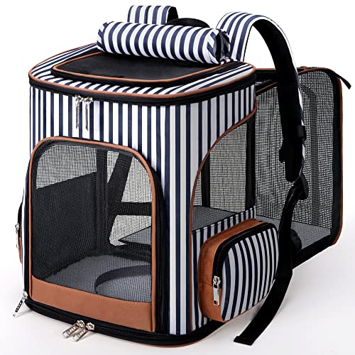 Lekesky Erweiterbar Katzenrucksack Hunderucksack für Katzen und Hunde bis 10 Kg, Faltbare Haustier Rucksack mit Innerer Sicherheitsleine und 2 Haustiermatte, Gestreift, L von Lekesky