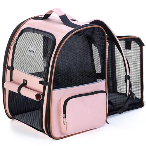 Lekesky Großer Katzentragerrucksack, erweiterbar – Haustier-Tragerucksack für kleine Hunde, mittelgroße Katzen, passend für bis zu 11,3 kg, Rosa, L von Lekesky