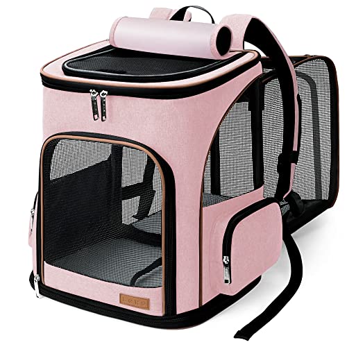 Lekesky Groß Katzenrucksack Hunderucksack für Katzen und Hunde bis 8-10kg, Erweiterbar Faltbare Haustier Rucksack mit Innerer Sicherheitsleine und 2 Haustiermatte, Rosa von Lekesky