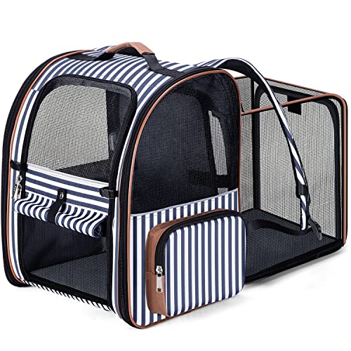 Lekespring Katzen Rucksack Hunderucksack für Große Katzen Hunde bis 12kg, Erweiterbar Faltbare Haustier Rucksack mit Innerer Sicherheitsleine und Haustiermatte, Schlieren -XL von Lekespring