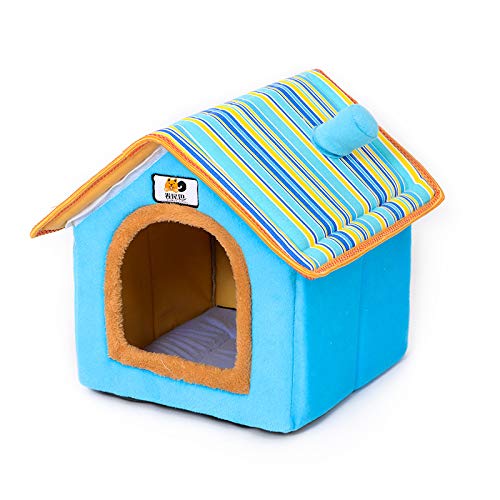Lelesta Hundehütte für Katzen, Hundehütte, faltbar, abnehmbar, für Innenräume, mit abnehmbarem Kissen, Hundehütte mit Katzen, weiches Bett für kleine Hunde, 43 x 37 x 43 cm (Blau) von Lelesta