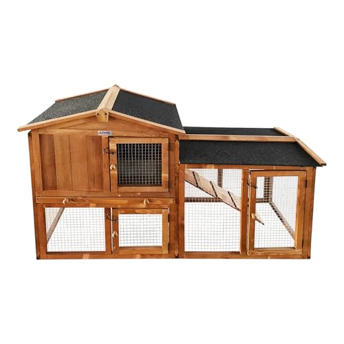 Lendo Online Kaninchenstall aus Holz - Kleintierstall - 145x45x85cm - Zwei Etagen - Hasenstall - Kleintierhaus - Kleintierkäfig - Draußen - Wetterfest - Kaninchenhaus - Bitumendach (Honigbraun) von Lendo Online
