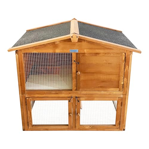 Lendo Online Kaninchenstall aus Holz - Kleintierstall - 94x46x96cm - Zwei Etagen - Hasenstall - Kleintierhaus - Kleintierkäfig - Draußen - Wetterfest - Kaninchenhaus - Bitumendach (Honigbraun) von Lendo Online