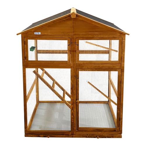 Lendo Online Vogelvoliere aus imprägniertem Fichtenholz - 115x58x164 cm - Vogelkäfig mit herausnehmbarer Schublade - Vogelhaus - Papageienkäfig - Wellensittichkäfig (Honigbraun) von Lendo Online