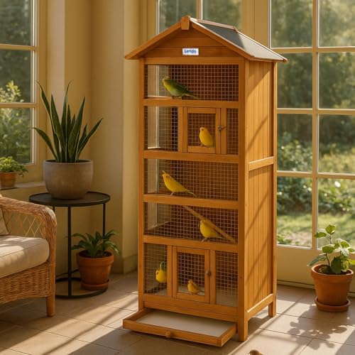 Lendo Online Vogelvoliere aus imprägniertem Fichtenholz - 70x57x165 cm - Vogelkäfig mit herausnehmbarer Schublade - Vogelhaus - Papageienkäfig - Wellensittichkäfig (Honigbraun) von Lendo Online