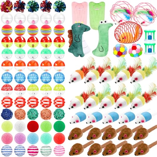 Lenwen 100-teiliges Katzenspielzeug-Set für Katzen, Fellmäuse, verschiedene Kunststoffbälle mit Glocke, pelzige Pompon, Rassel, Maus, sortiert, interaktives Katzenminze-Spielzeug, Kissen, Kauen, Lenwen 100-teiliges Katzenspielzeug-Set für Katzen, Fellmäuse, verschiedene Kunststoffbälle mit Glocke, pelzige Pompon, Rassel, Maus, sortiert, interaktives Katzenminze-Spielzeug, Kissen, Kauen, von Lenwen