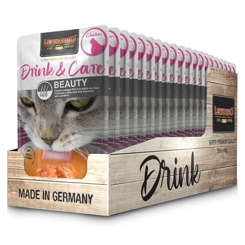 LEONARDO Drink & Care Beauty [20x40g Multipack Sorte Huhn] Katzendrink | getreidefreie Hühnerbrühe mit Fleischstreifen für glänzendes Fell | Ergänzungsfuttermittel für Katzen von Leonardo