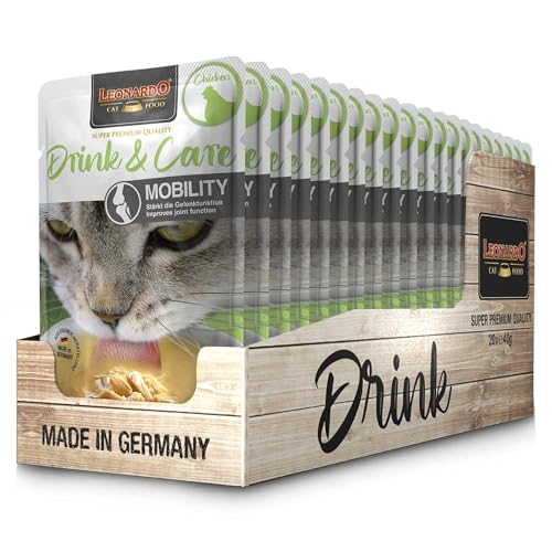 LEONARDO Drink & Care Mobility [20x40g Multipack Sorte Huhn] Katzendrink | getreidefreie Hühnerbrühe mit Fleischstreifen zur Unterstützung der Gelenkfunktion | Ergänzungsfuttermittel für Katzen von Leonardo