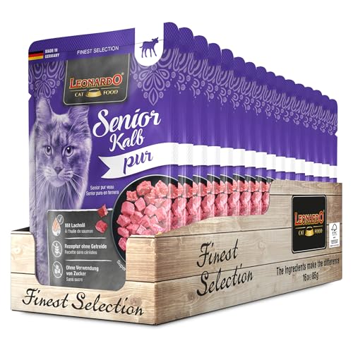 LEONARDO Katzenfutter Senior Kalb pur, 16x 85g Beutel, mit Kürbis und Lachsöl, für ausgewachsene Katzen, getreidefrei, ohne Zucker, Made in Germany von Leonardo