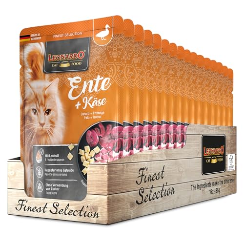 Leonardo Frischebeutel [16x85g Ente + Käse] | Getreidefreies Nassfutter für Katzen | Feuchtfutter Alleinfutter im Einzelportionsbeutel von LEONARDO HOME