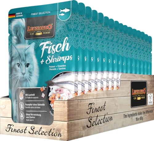 Leonardo Frischebeutel [16x85g Fisch & Shrimps] | Getreidefreies Nassfutter für Katzen | Feuchtfutter Alleinfutter im Einzelportionsbeutel von Leonardo