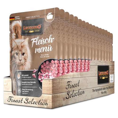 Leonardo Frischebeutel [16x85g Fleischmenü] | Getreidefreies Nassfutter für Katzen | Feuchtfutter Alleinfutter im Einzelportionsbeutel von LEONARDO HOME