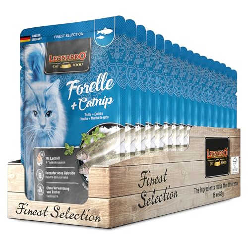 Leonardo Frischebeutel [16x85g Forelle + Catnip] | Getreidefreies Nassfutter für Katzen | Feuchtfutter Alleinfutter im Einzelportionsbeutel von Leonardo