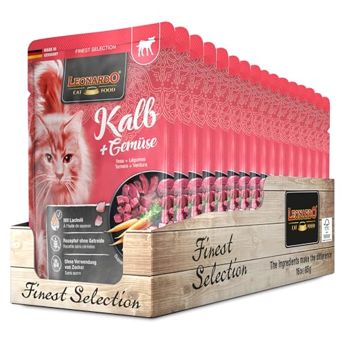 Leonardo Frischebeutel [16x85g Kalb + Gemüse] | Getreidefreies Nassfutter für Katzen | Feuchtfutter Alleinfutter im Einzelportionsbeutel von Leonardo