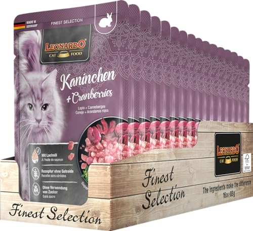 Leonardo Frischebeutel [16x85g Kaninchen + Cranberries] | Getreidefreies Nassfutter für Katzen | Feuchtfutter Alleinfutter im Einzelportionsbeutel von Leonardo