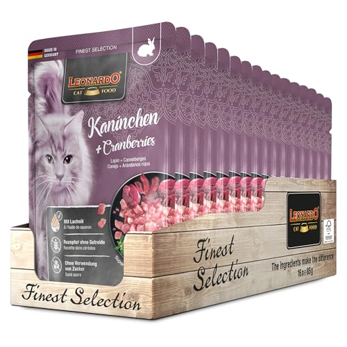 Leonardo Frischebeutel [16x85g Kaninchen + Cranberries] | Getreidefreies Nassfutter für Katzen | Feuchtfutter Alleinfutter im Einzelportionsbeutel von LEONARDO HOME