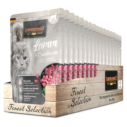 Leonardo Frischebeutel [16x85g Lamm + Cranberries] | Getreidefreies Nassfutter für Katzen | Feuchtfutter Alleinfutter im Einzelportionsbeutel von Leonardo