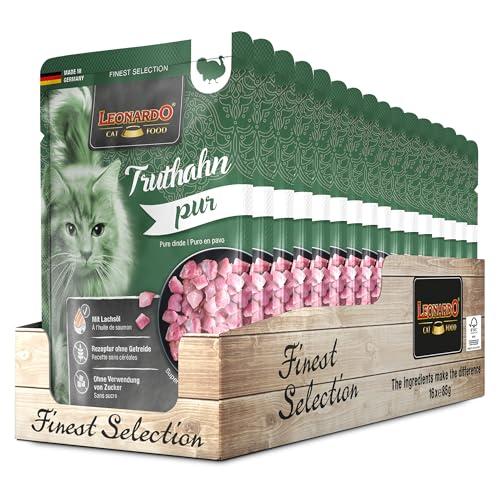 Leonardo Frischebeutel [16x85g Truthahn pur] | Getreidefreies Nassfutter für Katzen | Feuchtfutter Alleinfutter im Einzelportionsbeutel von Leonardo