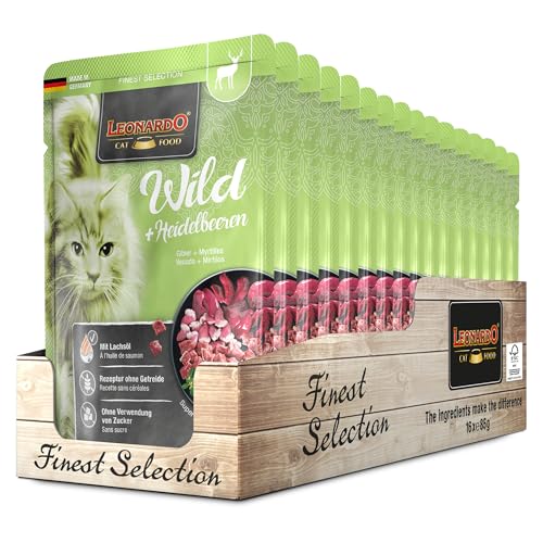 Leonardo Frischebeutel [16x85g Wild + Blueberry] | Getreidefreies Nassfutter für Katzen | Feuchtfutter Alleinfutter im Einzelportionsbeutel von Leonardo