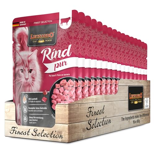 Leonardo Frischebeutel [16x85g Rind pur] | Getreidefreies Nassfutter für Katzen | Feuchtfutter Alleinfutter im Einzelportionsbeutel von LEONARDO HOME