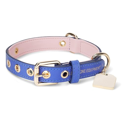 Hundehalsband aus echtem Leder mit weicher PU-Innenseite,Verstellbar, Namensschild, verstärkten Löchern, in 4 Farben und 3 Größen für kleine und mittelgroße Hunde, Welpen (Blau, Medium) von Leone Equipment