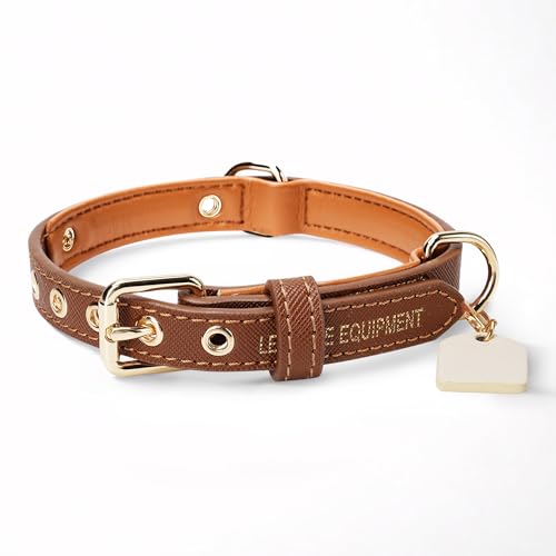 Hundehalsband aus echtem Leder mit weicher PU-Innenseite,Verstellbar, Namensschild, verstärkten Löchern, in 4 Farben und 3 Größen für kleine und mittelgroße Hunde, Welpen (Braun, Small) von Leone Equipment