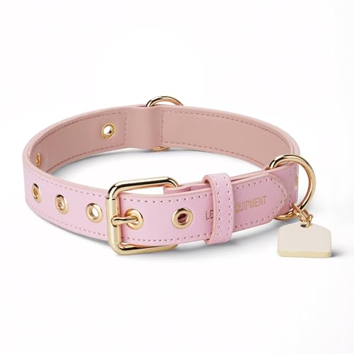 Hundehalsband aus echtem Leder mit weicher PU-Innenseite,Verstellbar, Namensschild, verstärkten Löchern, in 4 Farben und 3 Größen für kleine und mittelgroße Hunde, Welpen (Rosa, Small) von Leone Equipment