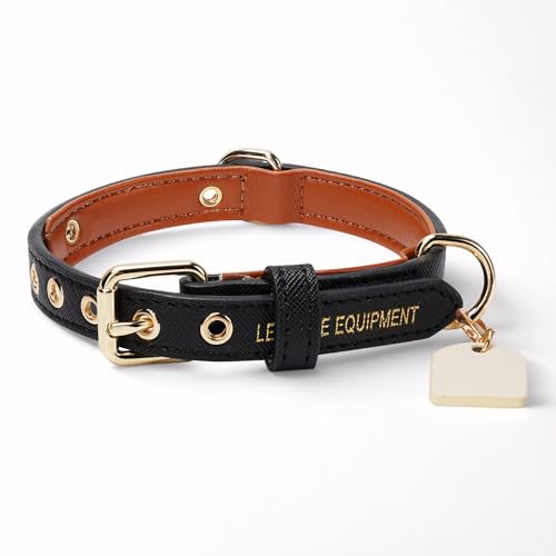 Hundehalsband aus echtem Leder mit weicher PU-Innenseite,Verstellbar, Namensschild, verstärkten Löchern, in 4 Farben und 3 Größen für kleine und mittelgroße Hunde, Welpen (Schwartz, Large) von Leone Equipment