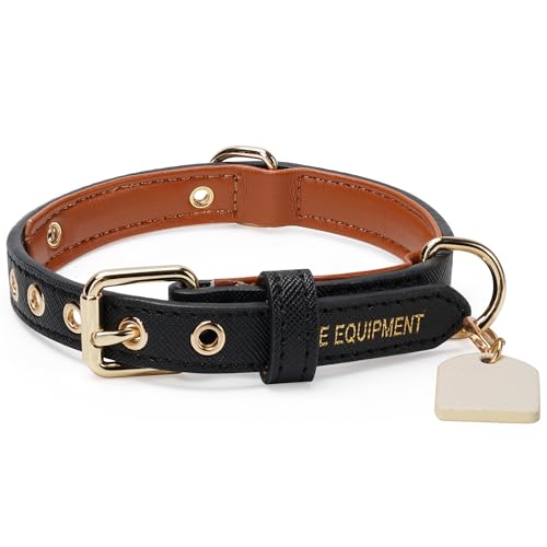 Hundehalsband aus echtem Leder mit weicher PU-Innenseite,Verstellbar, Namensschild, verstärkten Löchern, in 4 Farben und 3 Größen für kleine und mittelgroße Hunde, Welpen (Schwartz, Small) von Leone Equipment