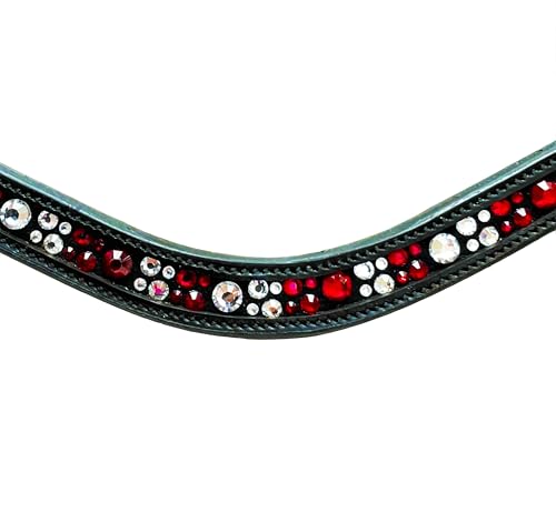 Stirnriemen Pferd Leder mit roten und silbernen Steinen – Glitzer Stirnband für Trense – Hochwertiges Lederstirnband mit Klettverschluss, passt auf alle Trensen von Leone Equipment