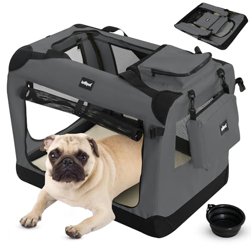 Leopet® Hundebox - Faltbar, Große/Kleine Hunde, Stoff, mit Napf, für Zuhause, Auto - Transportbox, Transporttasche, Tragetasche, Hunde, Katzen, Haustier (Anthrazit, S: 50x35x35 cm - LxBxH) von Leopet