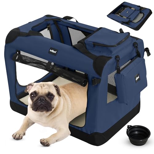 Leopet® Hundebox - Faltbar, Große/Kleine Hunde, Stoff, mit Napf, für Zuhause, Auto - Transportbox, Transporttasche, Tragetasche, Hunde, Katzen, Haustier (Blau, S: 50x35x35 cm - LxBxH) von Leopet